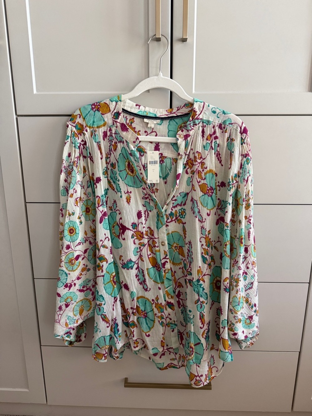 Pilcro Floral Button V-Neck Blouse in Teal, Pink & Cream